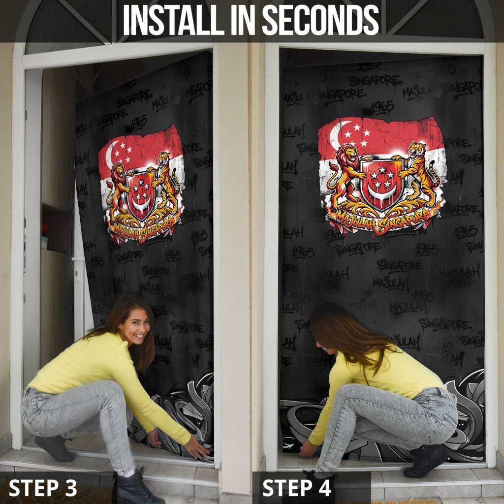 Singapore National Flag Day Door Cover Lion Tiger Coat Of Arms Grunge Graffiti