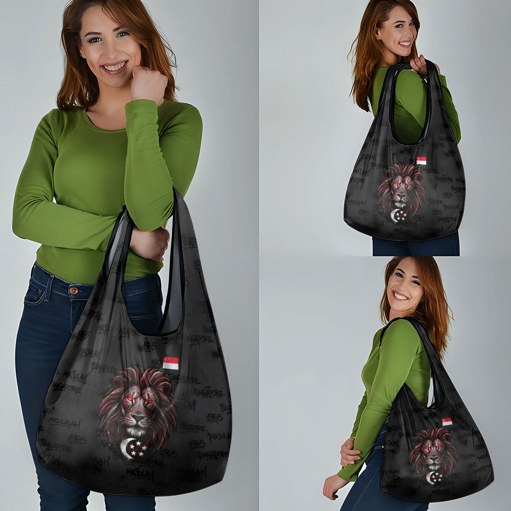 Singapore National Flag Day Grocery Bag Lion Tiger Coat Of Arms Grunge Graffiti