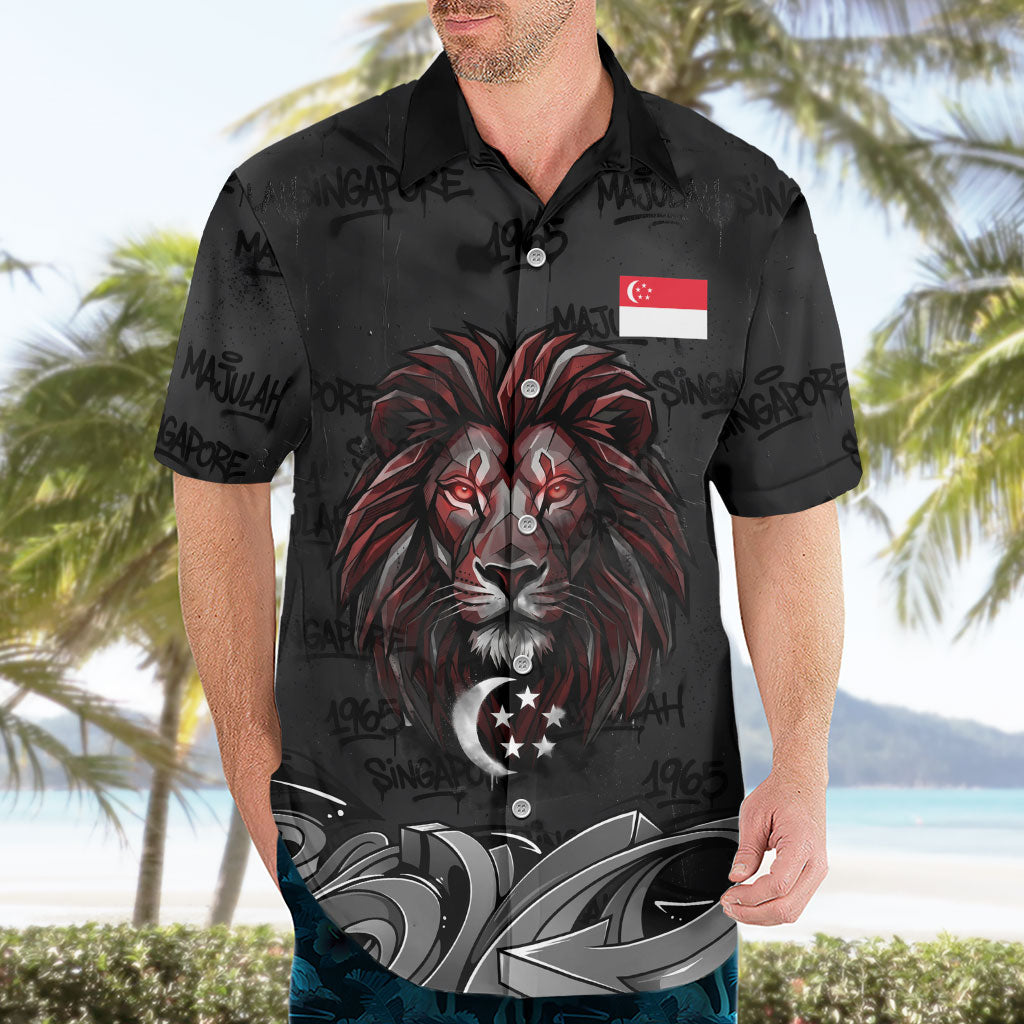 Singapore National Flag Day Hawaiian Shirt Lion Tiger Coat Of Arms Grunge Graffiti