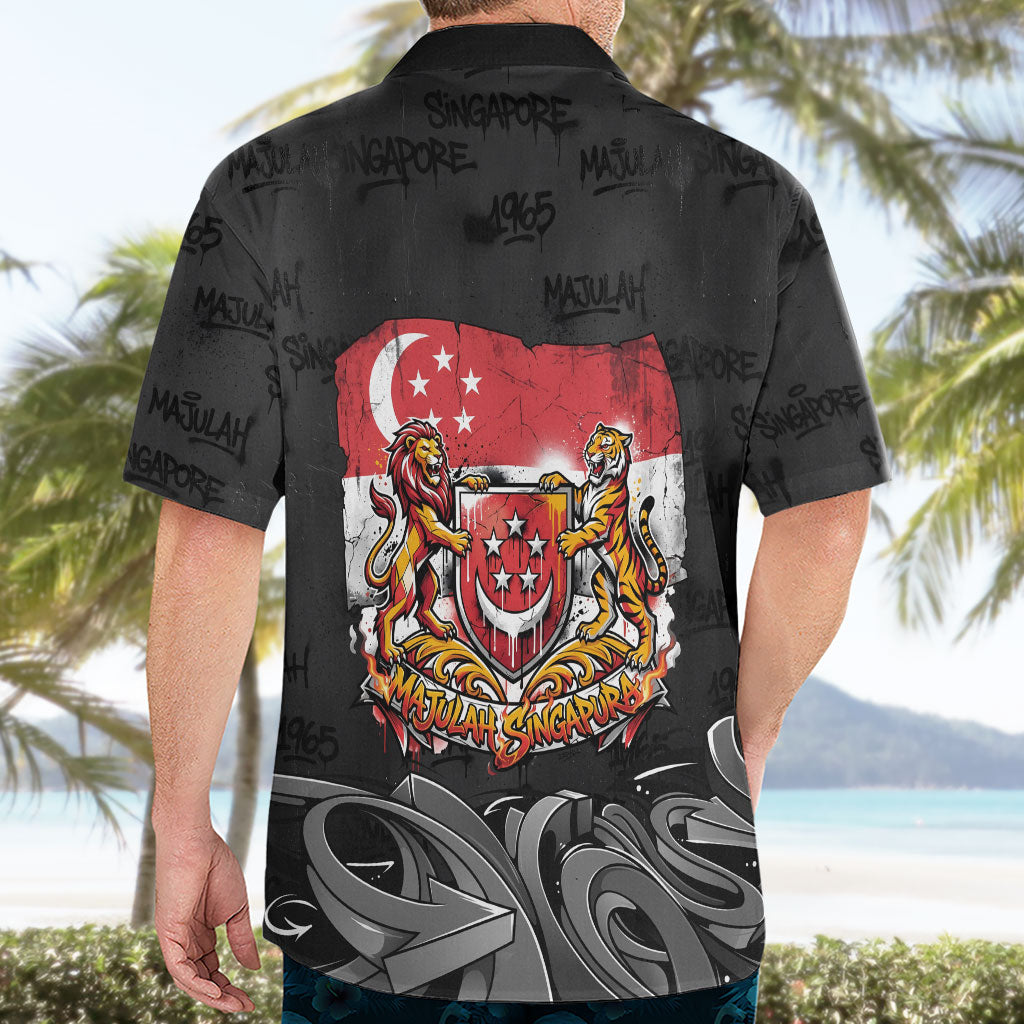 Singapore National Flag Day Hawaiian Shirt Lion Tiger Coat Of Arms Grunge Graffiti