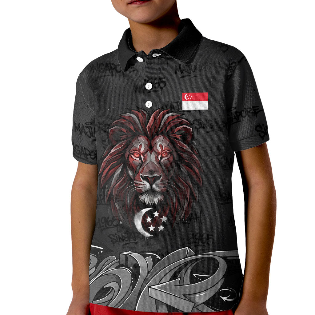Singapore National Flag Day Kid Polo Shirt Lion Tiger Coat Of Arms Grunge Graffiti