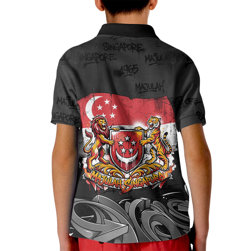 Singapore National Flag Day Kid Polo Shirt Lion Tiger Coat Of Arms Grunge Graffiti