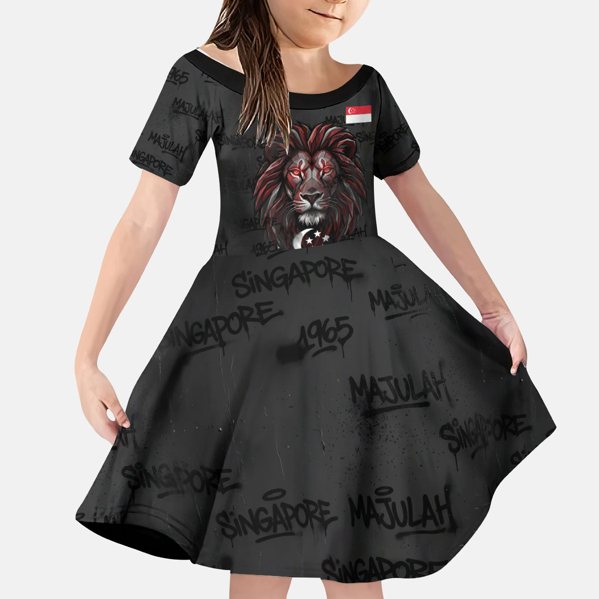 Singapore National Flag Day Kid Short Sleeve Dress Lion Tiger Coat Of Arms Grunge Graffiti