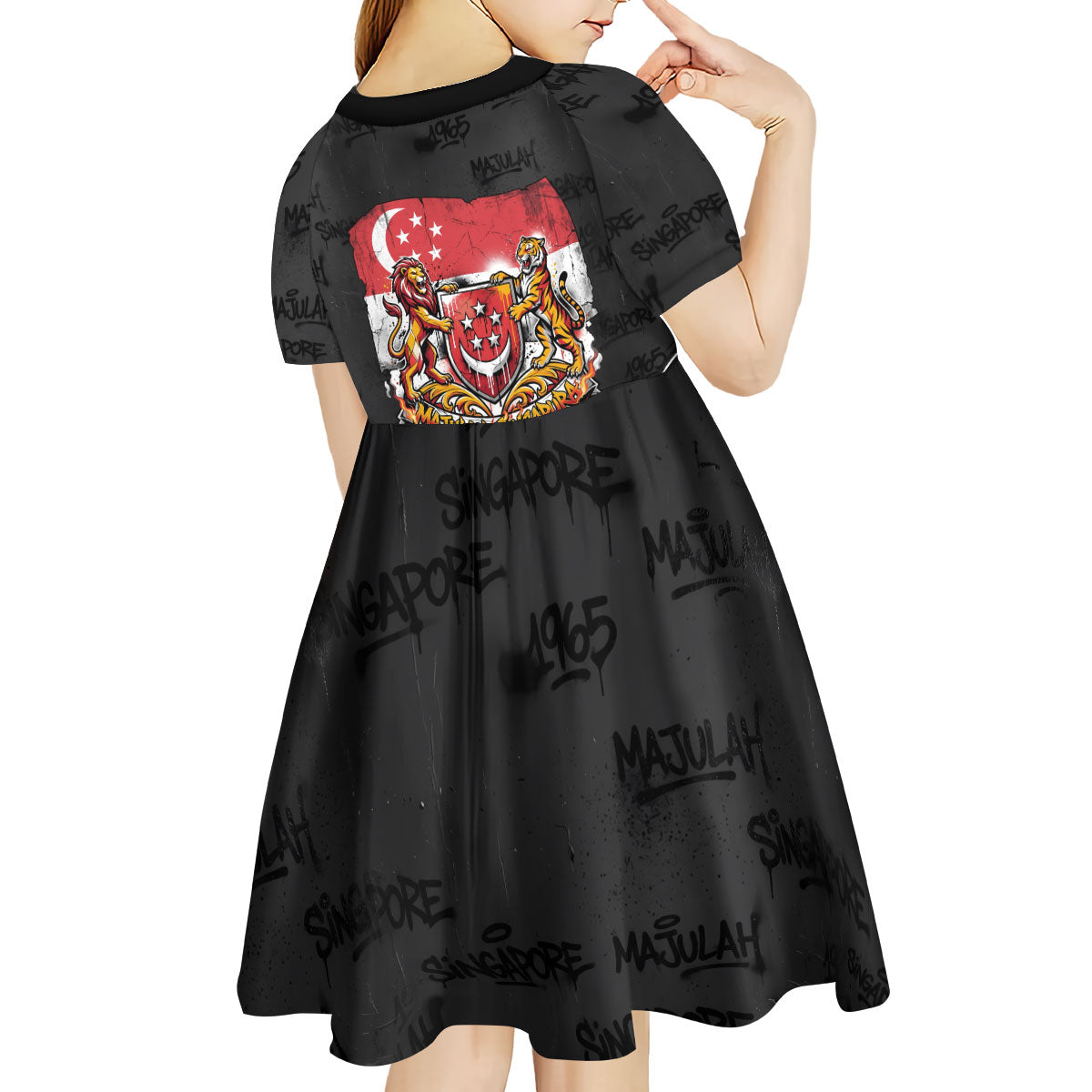 Singapore National Flag Day Kid Short Sleeve Dress Lion Tiger Coat Of Arms Grunge Graffiti