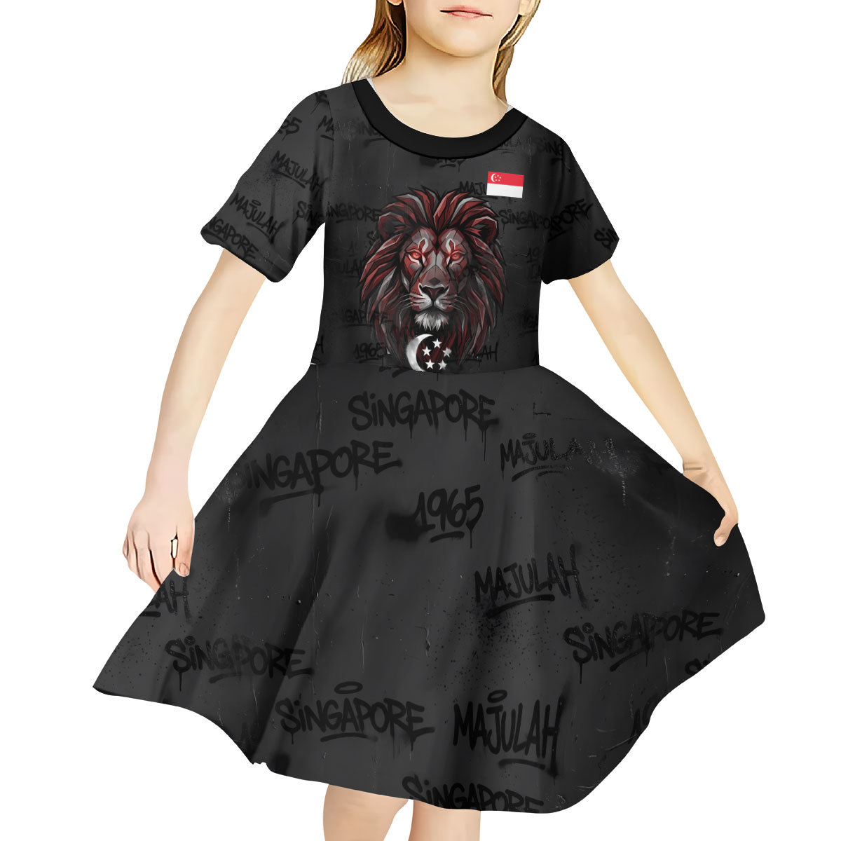Singapore National Flag Day Kid Short Sleeve Dress Lion Tiger Coat Of Arms Grunge Graffiti