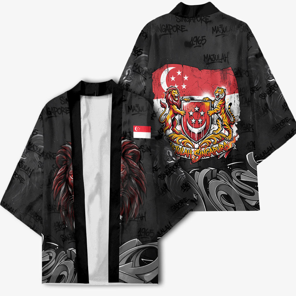 Singapore National Flag Day Kimono Lion Tiger Coat Of Arms Grunge Graffiti