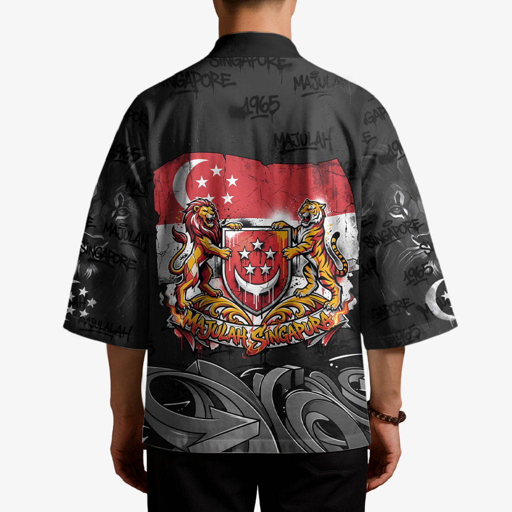 Singapore National Flag Day Kimono Lion Tiger Coat Of Arms Grunge Graffiti