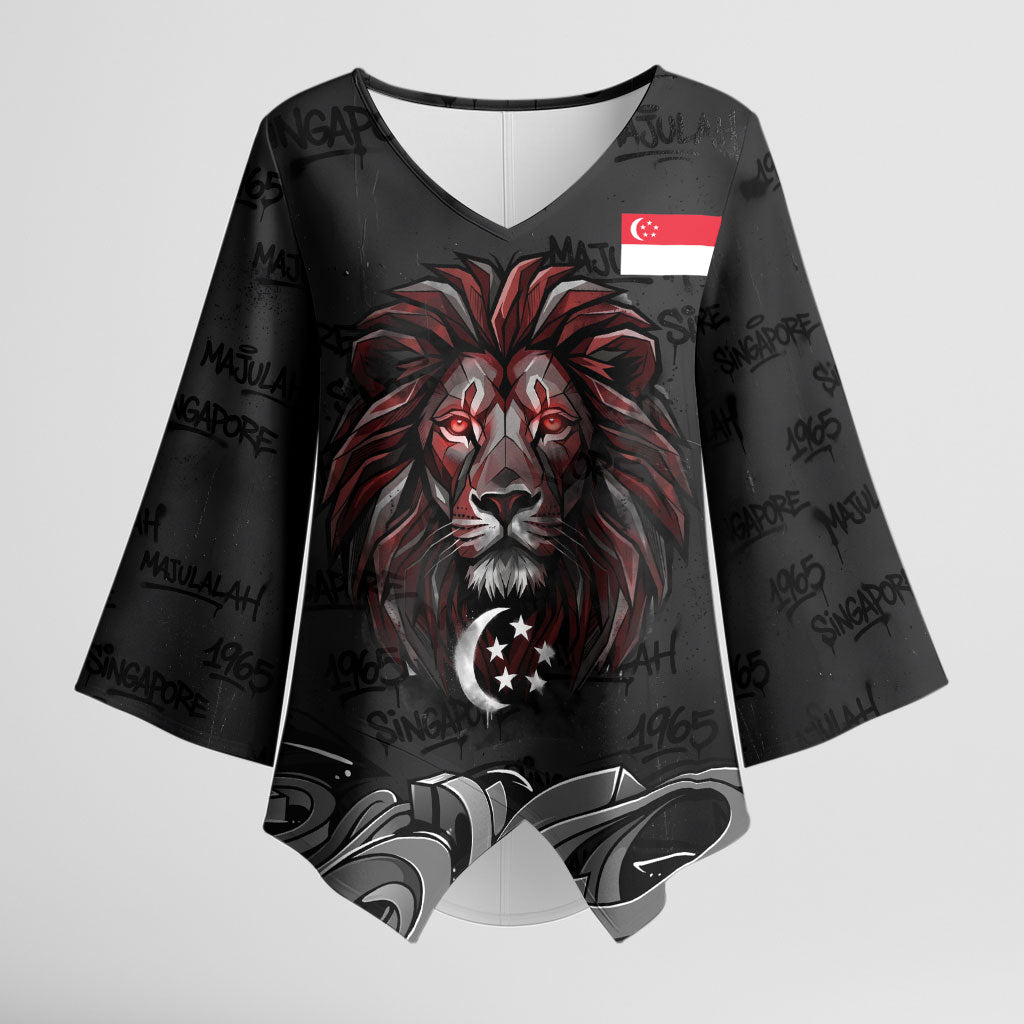 Singapore National Flag Day Kimono Sleeve Blouse Lion Tiger Coat Of Arms Grunge Graffiti