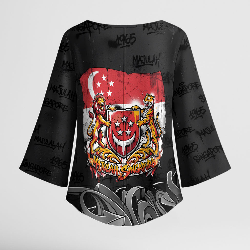 Singapore National Flag Day Kimono Sleeve Blouse Lion Tiger Coat Of Arms Grunge Graffiti