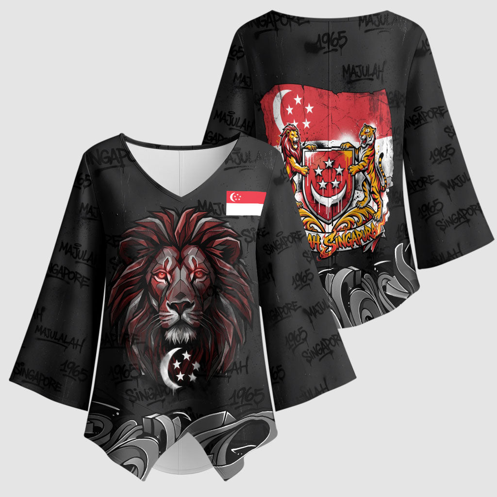 Singapore National Flag Day Kimono Sleeve Blouse Lion Tiger Coat Of Arms Grunge Graffiti