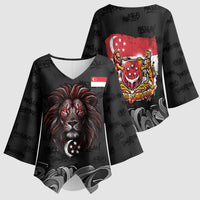 Singapore National Flag Day Kimono Sleeve Blouse Lion Tiger Coat Of Arms Grunge Graffiti