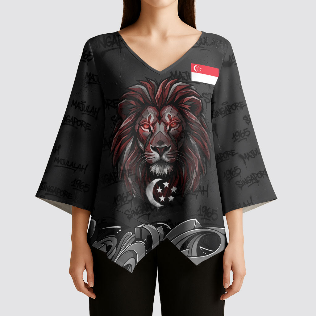 Singapore National Flag Day Kimono Sleeve Blouse Lion Tiger Coat Of Arms Grunge Graffiti