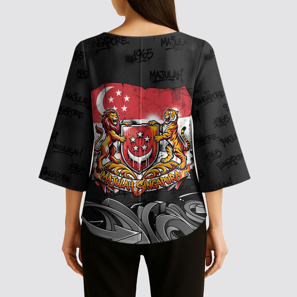 Singapore National Flag Day Kimono Sleeve Blouse Lion Tiger Coat Of Arms Grunge Graffiti