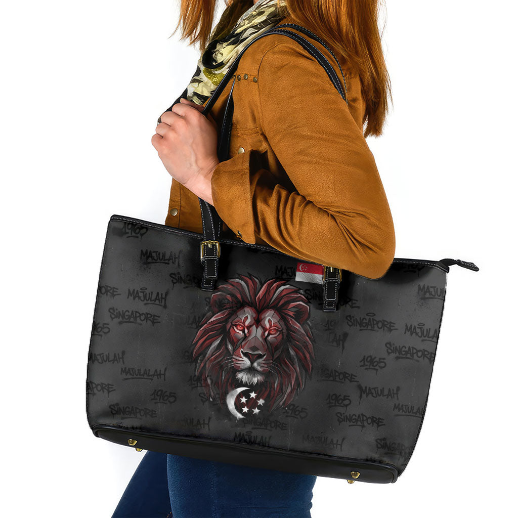 Singapore National Flag Day Leather Tote Bag Lion Tiger Coat Of Arms Grunge Graffiti
