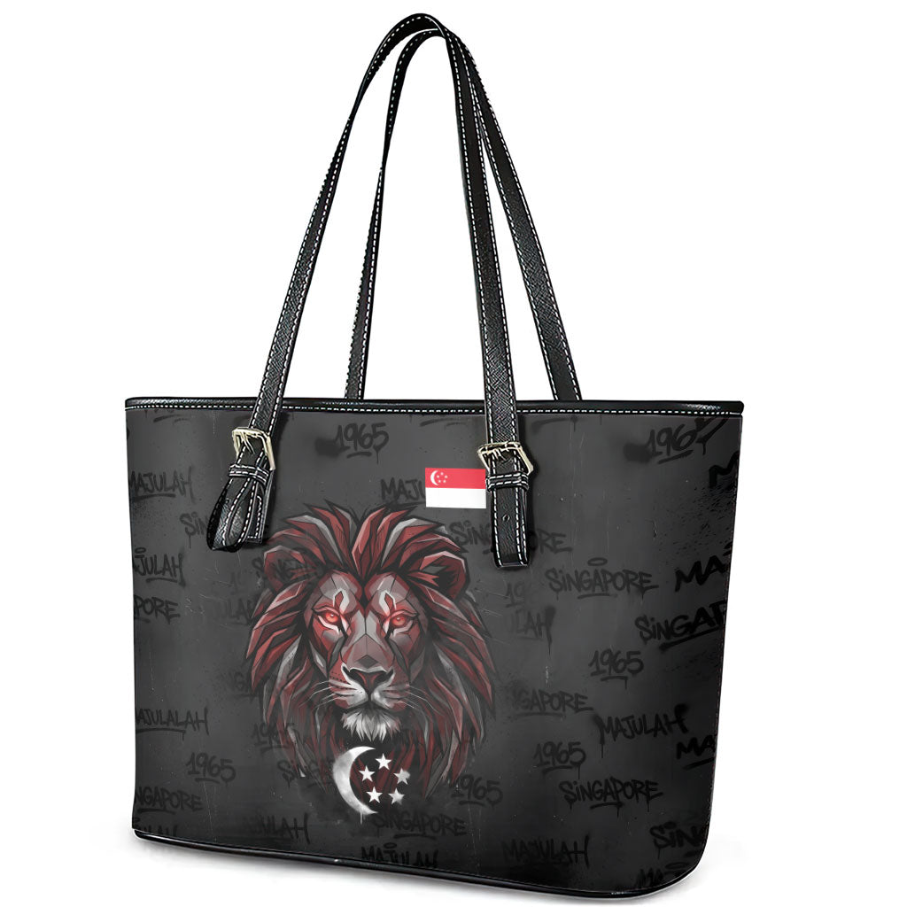 Singapore National Flag Day Leather Tote Bag Lion Tiger Coat Of Arms Grunge Graffiti