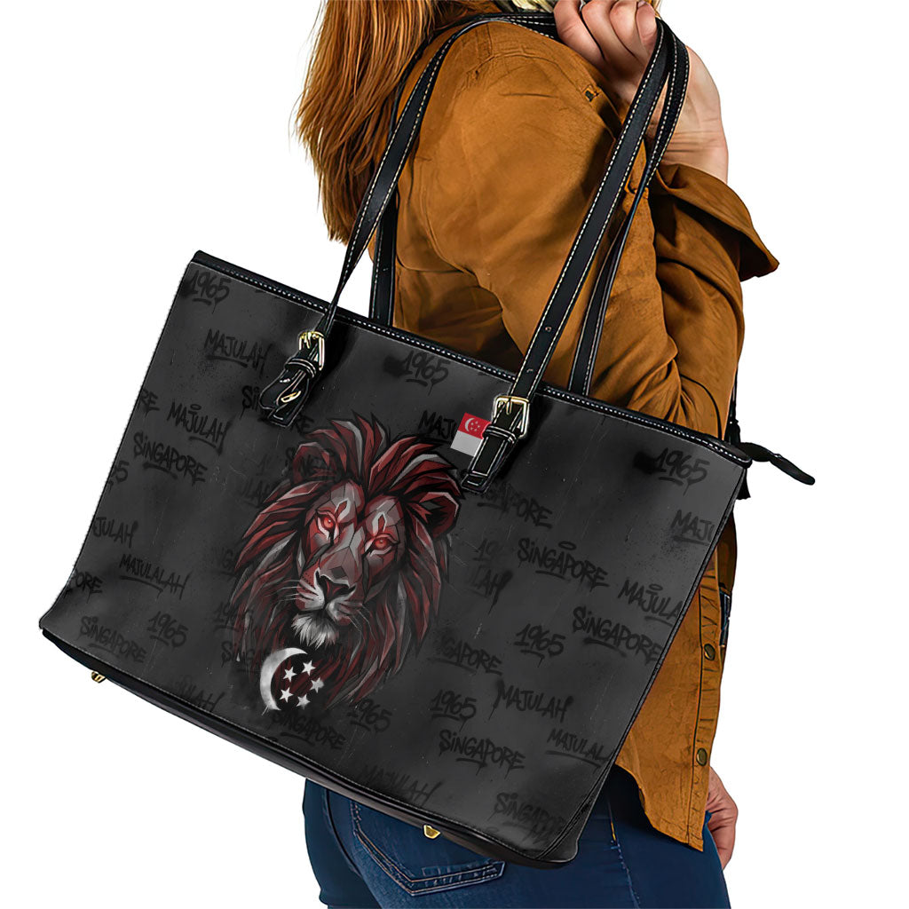 Singapore National Flag Day Leather Tote Bag Lion Tiger Coat Of Arms Grunge Graffiti