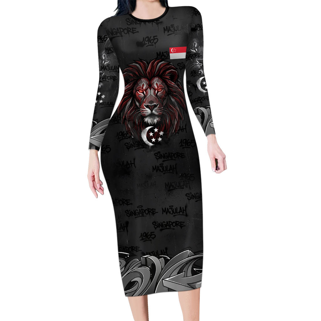 Singapore National Flag Day Long Sleeve Bodycon Dress Lion Tiger Coat Of Arms Grunge Graffiti