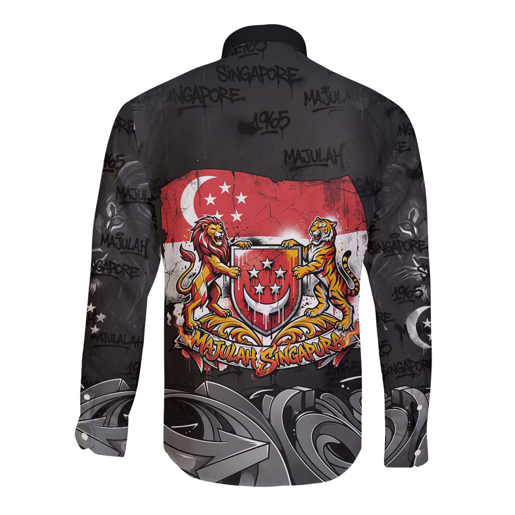 Singapore National Flag Day Long Sleeve Button Shirt Lion Tiger Coat Of Arms Grunge Graffiti