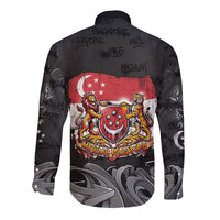 Singapore National Flag Day Long Sleeve Button Shirt Lion Tiger Coat Of Arms Grunge Graffiti
