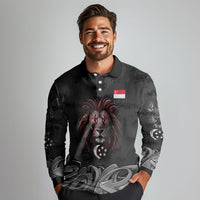 Singapore National Flag Day Long Sleeve Polo Shirt Lion Tiger Coat Of Arms Grunge Graffiti