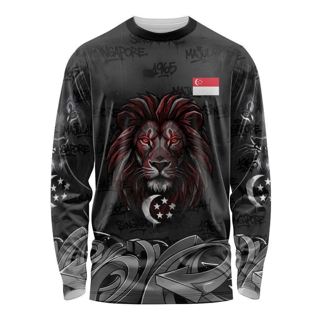 Singapore National Flag Day Long Sleeve Shirt Lion Tiger Coat Of Arms Grunge Graffiti