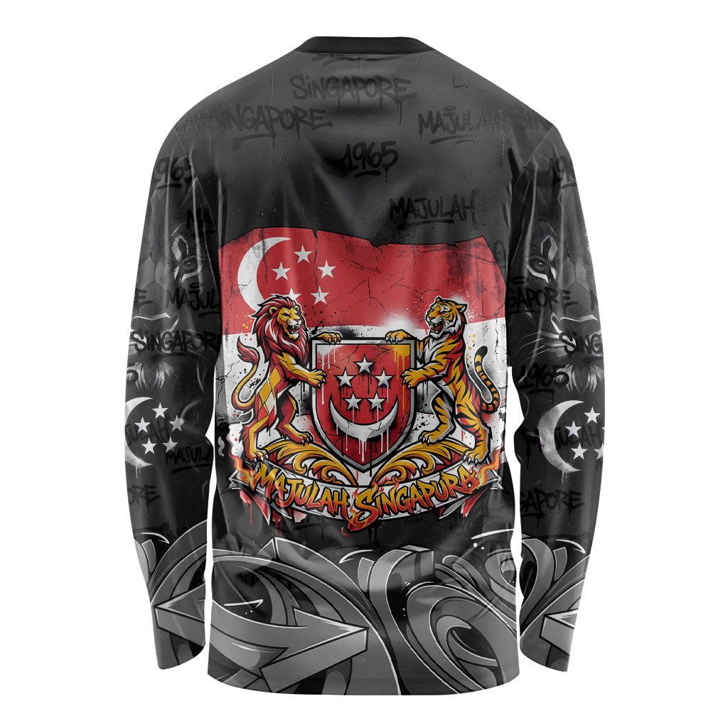 Singapore National Flag Day Long Sleeve Shirt Lion Tiger Coat Of Arms Grunge Graffiti