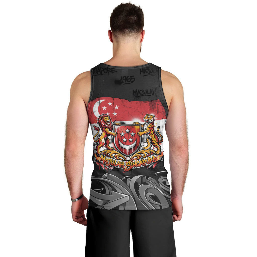 Singapore National Flag Day Men Tank Top Lion Tiger Coat Of Arms Grunge Graffiti