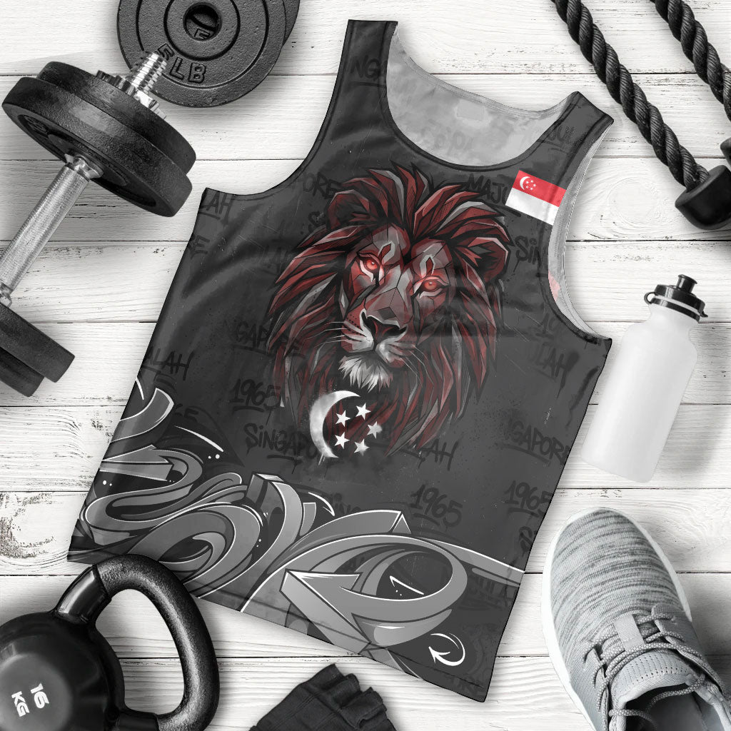 Singapore National Flag Day Men Tank Top Lion Tiger Coat Of Arms Grunge Graffiti