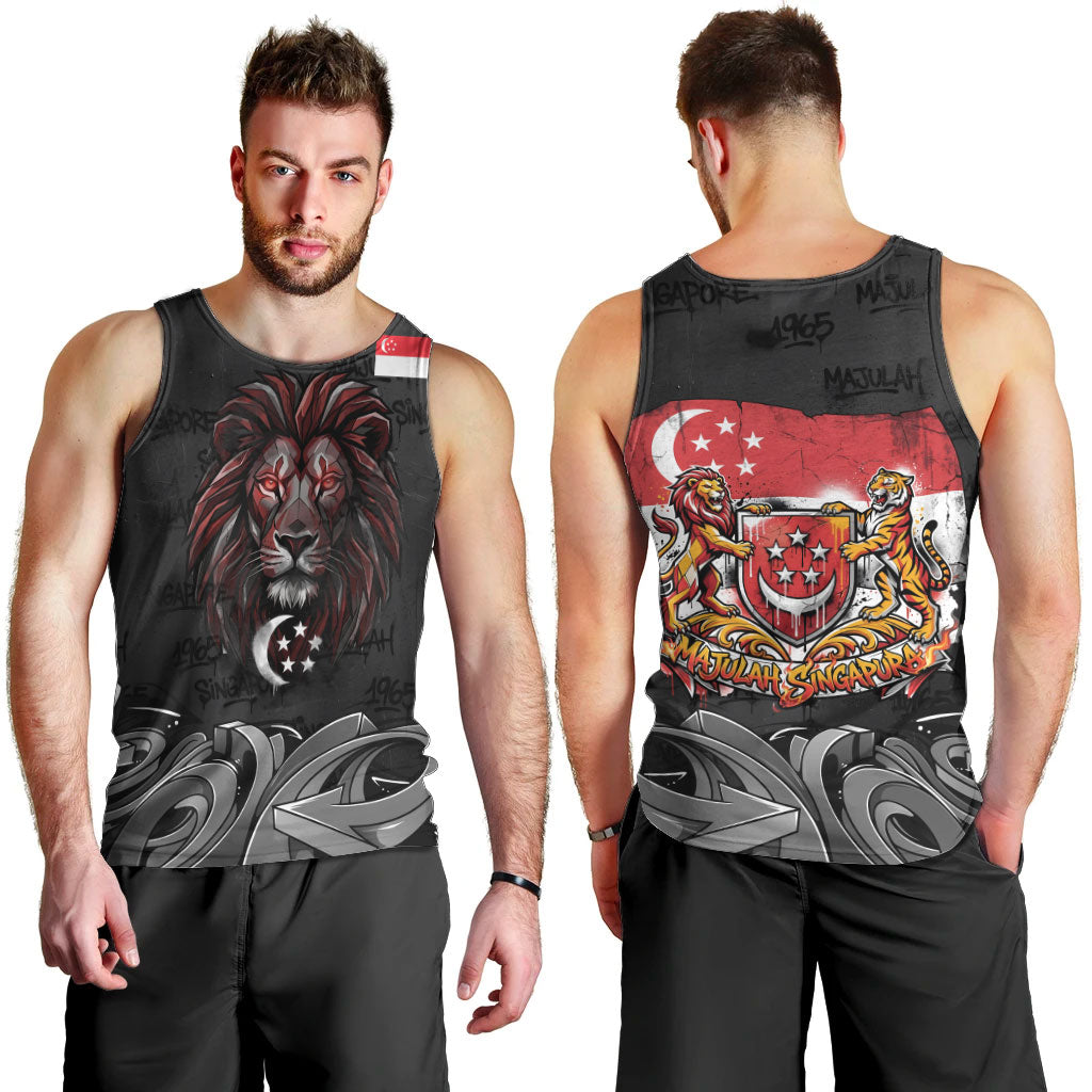 Singapore National Flag Day Men Tank Top Lion Tiger Coat Of Arms Grunge Graffiti