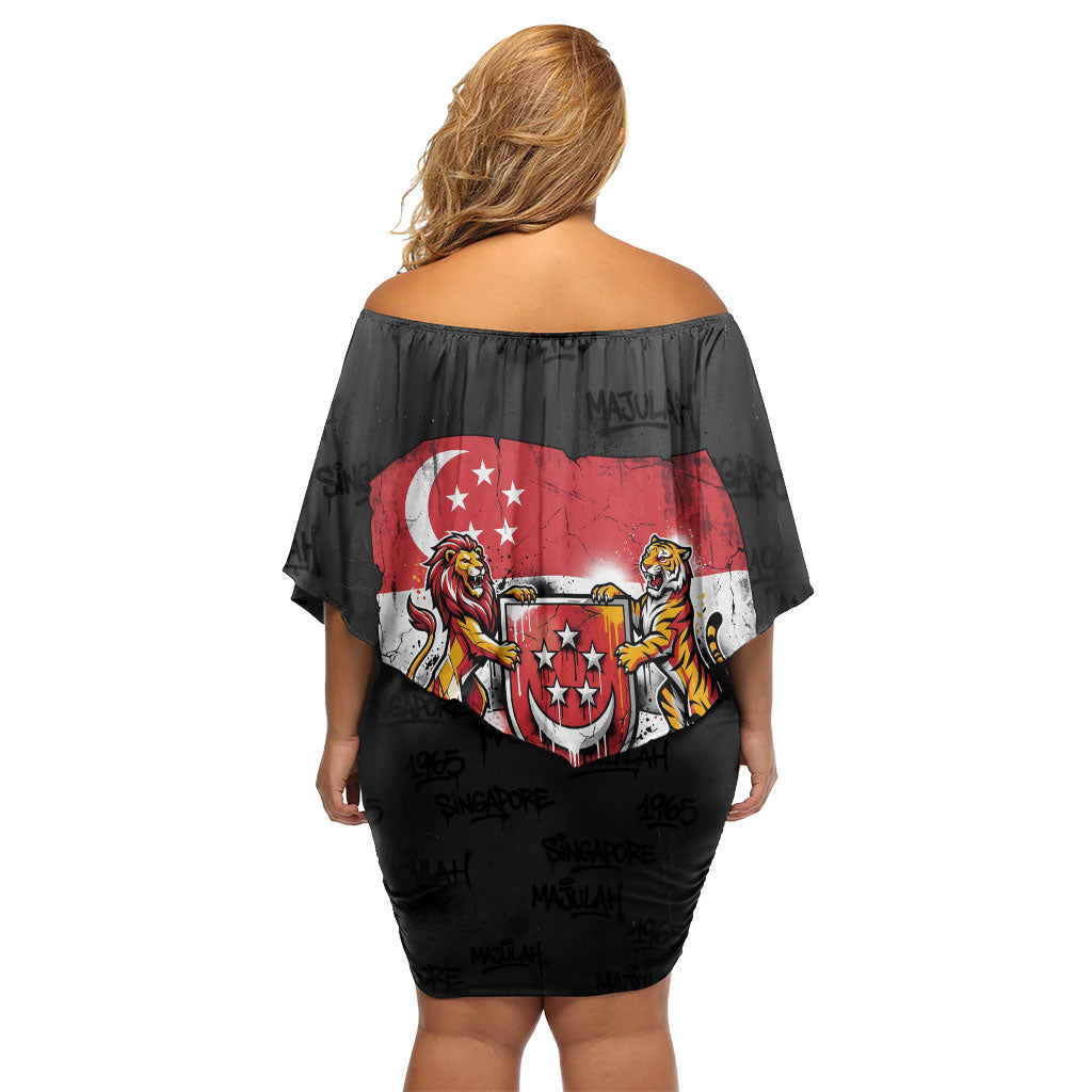 Singapore National Flag Day Off Shoulder Short Dress Lion Tiger Coat Of Arms Grunge Graffiti