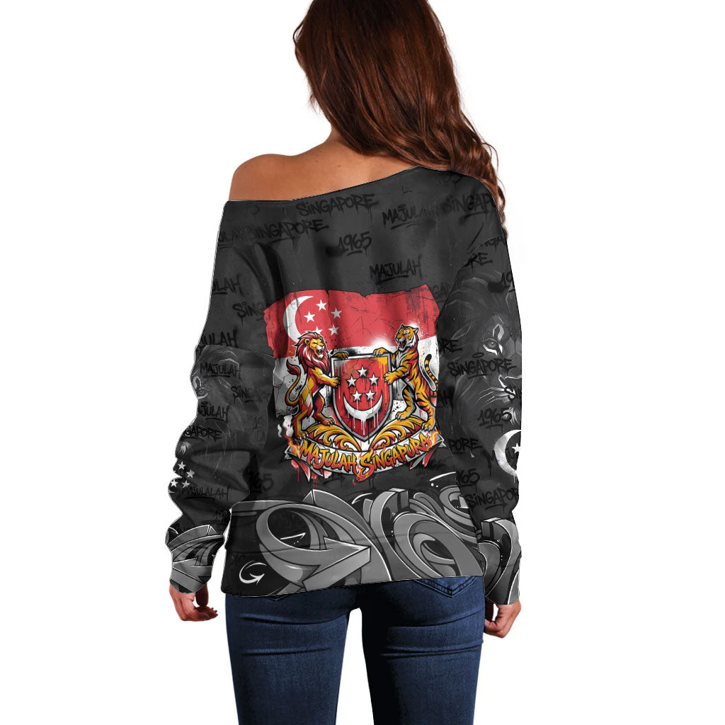 Singapore National Flag Day Off Shoulder Sweater Lion Tiger Coat Of Arms Grunge Graffiti