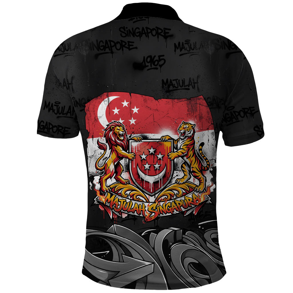 Singapore National Flag Day Polo Shirt Lion Tiger Coat Of Arms Grunge Graffiti