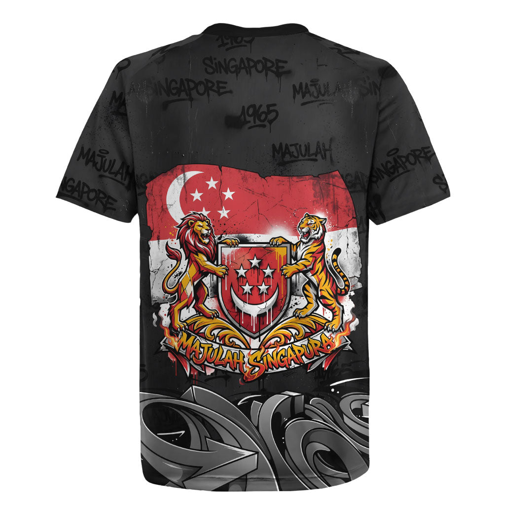 Singapore National Flag Day Rugby Jersey Lion Tiger Coat Of Arms Grunge Graffiti