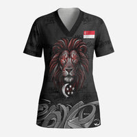 Singapore National Flag Day Scrub Top Lion Tiger Coat Of Arms Grunge Graffiti