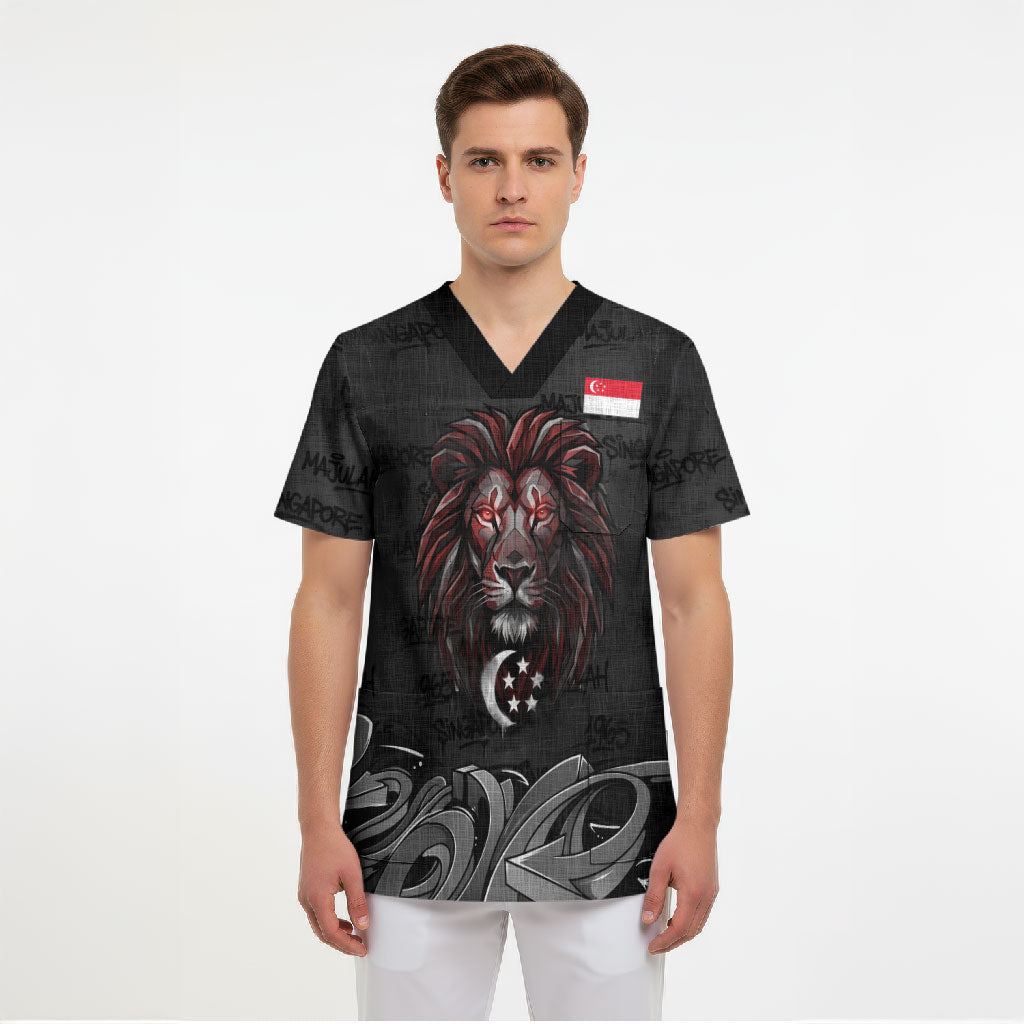 Singapore National Flag Day Scrub Top Lion Tiger Coat Of Arms Grunge Graffiti