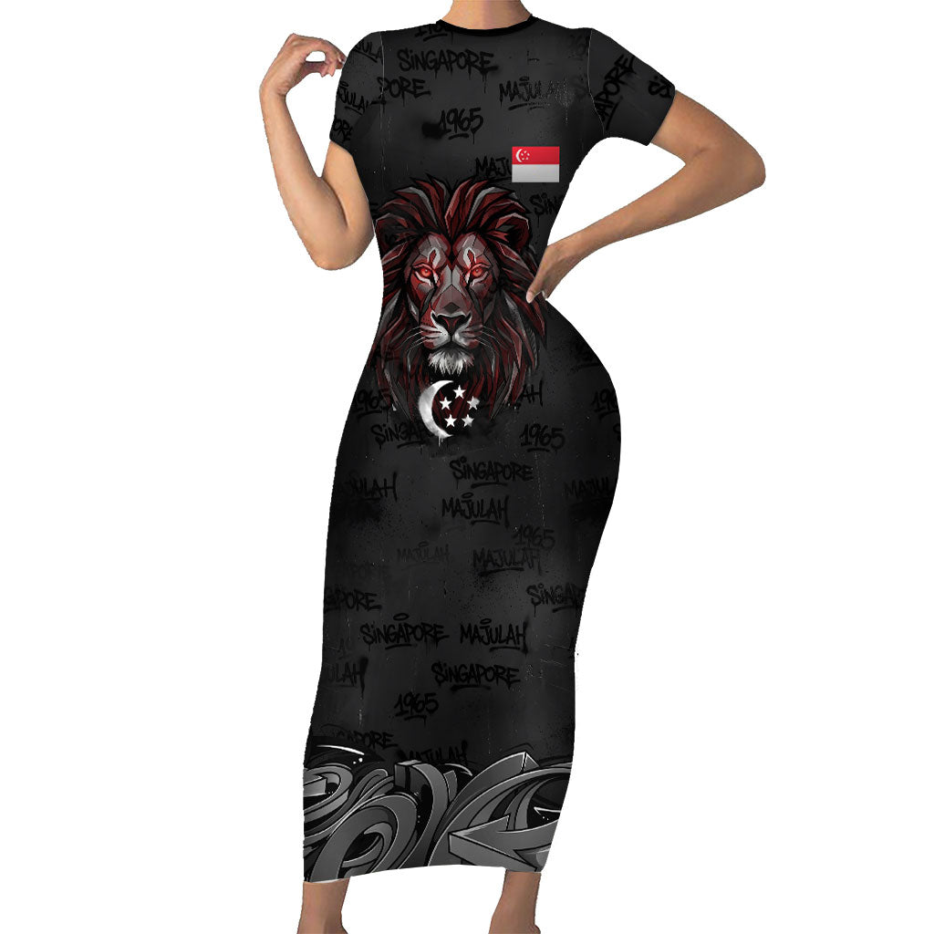 Singapore National Flag Day Short Sleeve Bodycon Dress Lion Tiger Coat Of Arms Grunge Graffiti