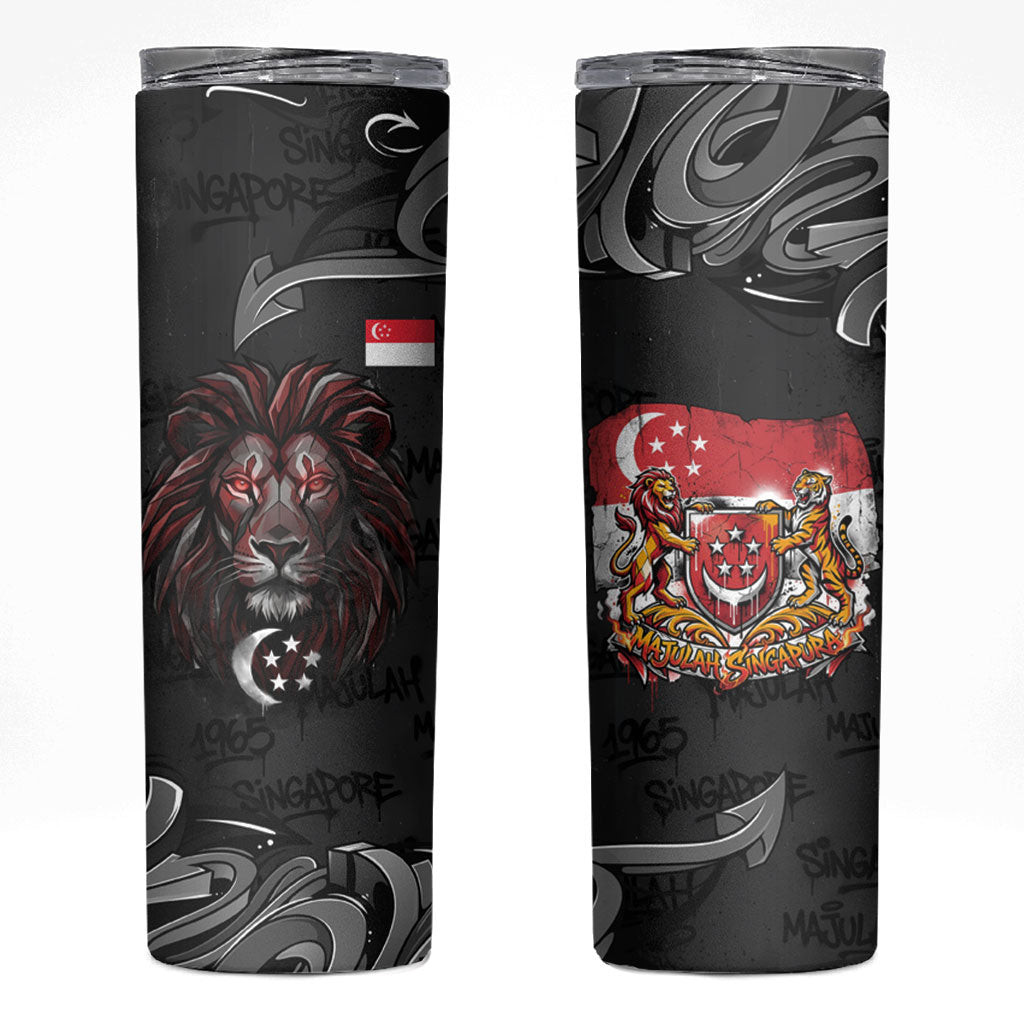 Singapore National Flag Day Skinny Tumbler Lion Tiger Coat Of Arms Grunge Graffiti