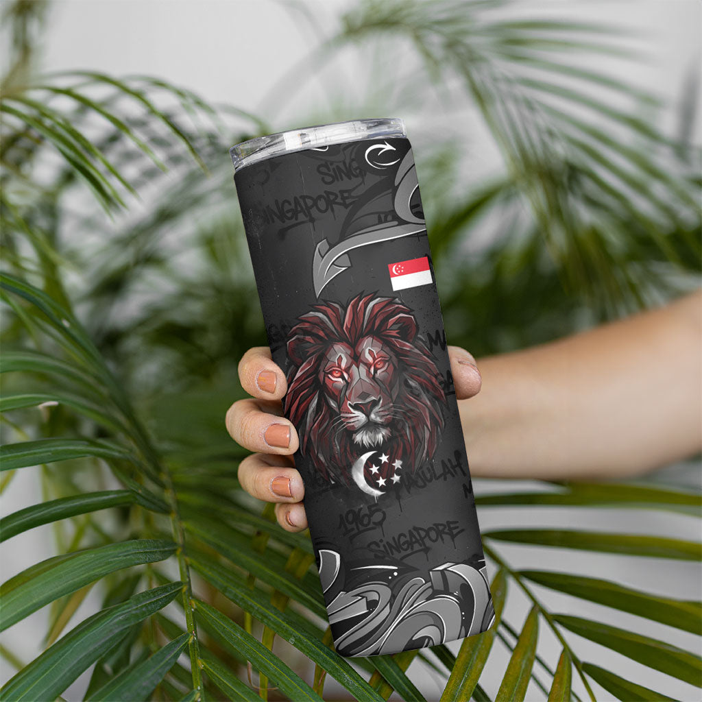 Singapore National Flag Day Skinny Tumbler Lion Tiger Coat Of Arms Grunge Graffiti