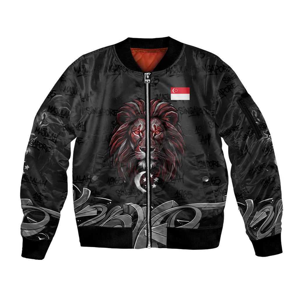 Singapore National Flag Day Sleeve Zip Bomber Jacket Lion Tiger Coat Of Arms Grunge Graffiti