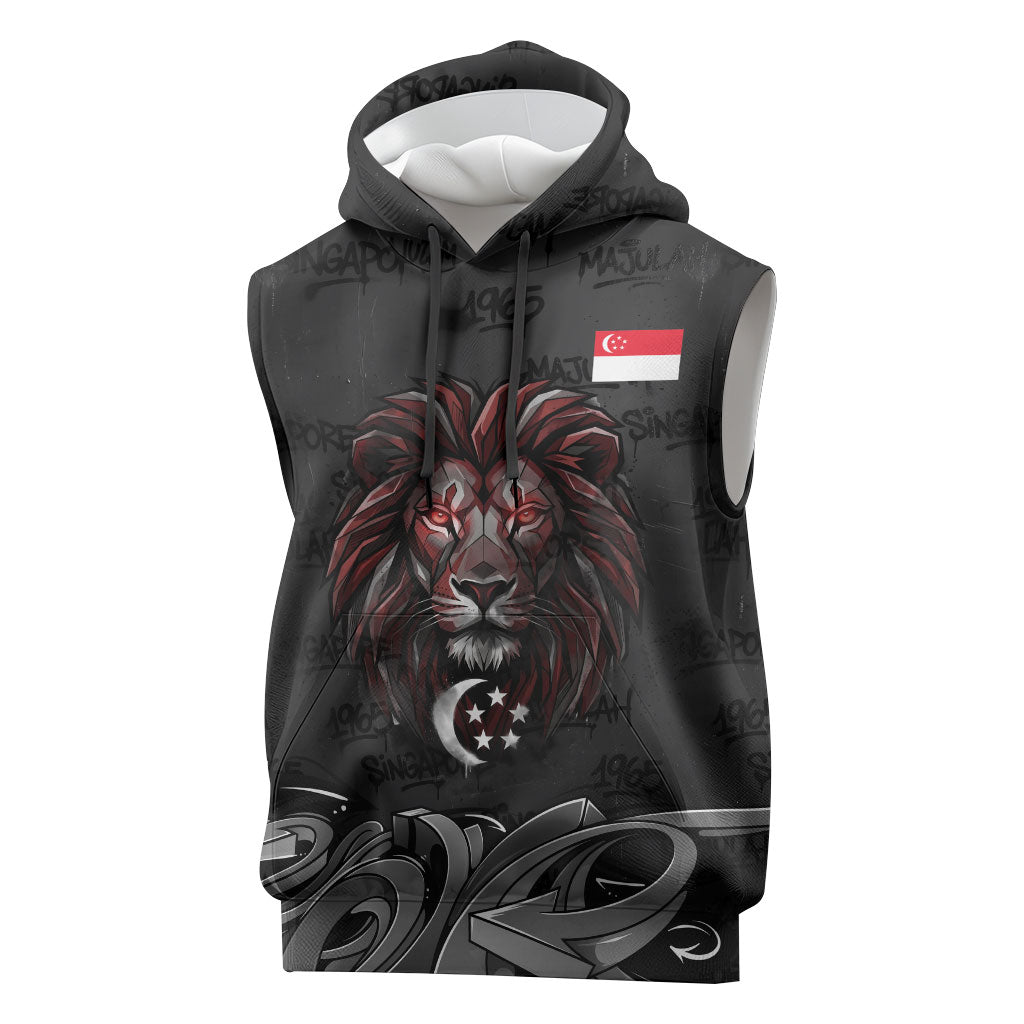 Singapore National Flag Day Sleeveless Hoodie Lion Tiger Coat Of Arms Grunge Graffiti