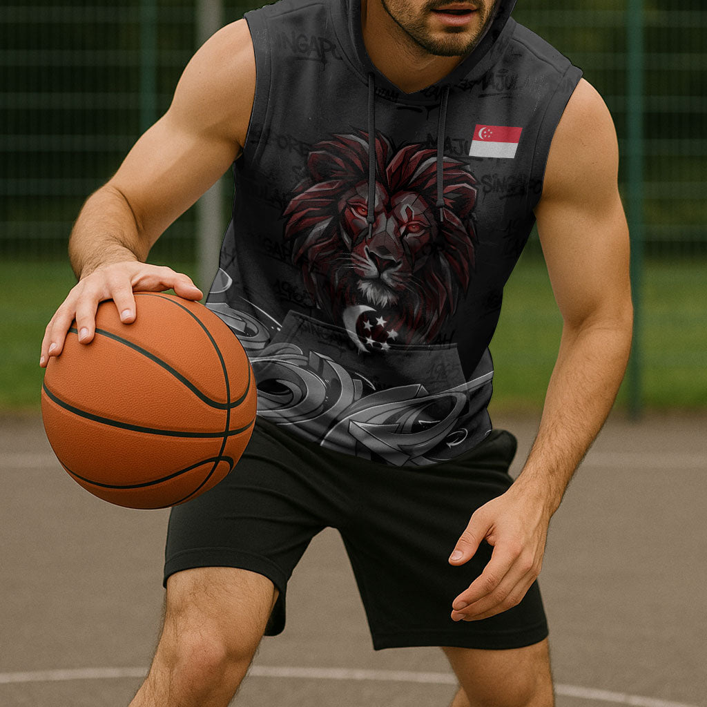 Singapore National Flag Day Sleeveless Hoodie Lion Tiger Coat Of Arms Grunge Graffiti