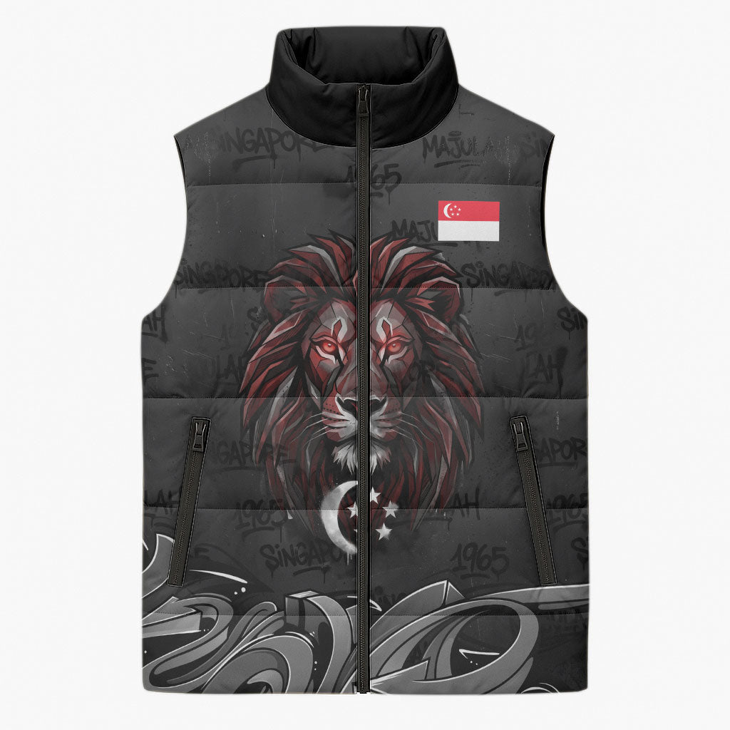 Singapore National Flag Day Sleeveless Puffer Jacket Lion Tiger Coat Of Arms Grunge Graffiti