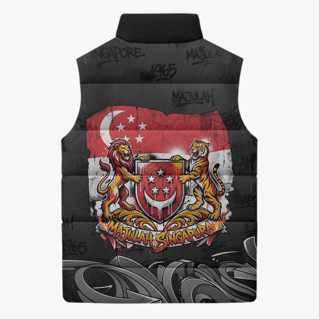 Singapore National Flag Day Sleeveless Puffer Jacket Lion Tiger Coat Of Arms Grunge Graffiti