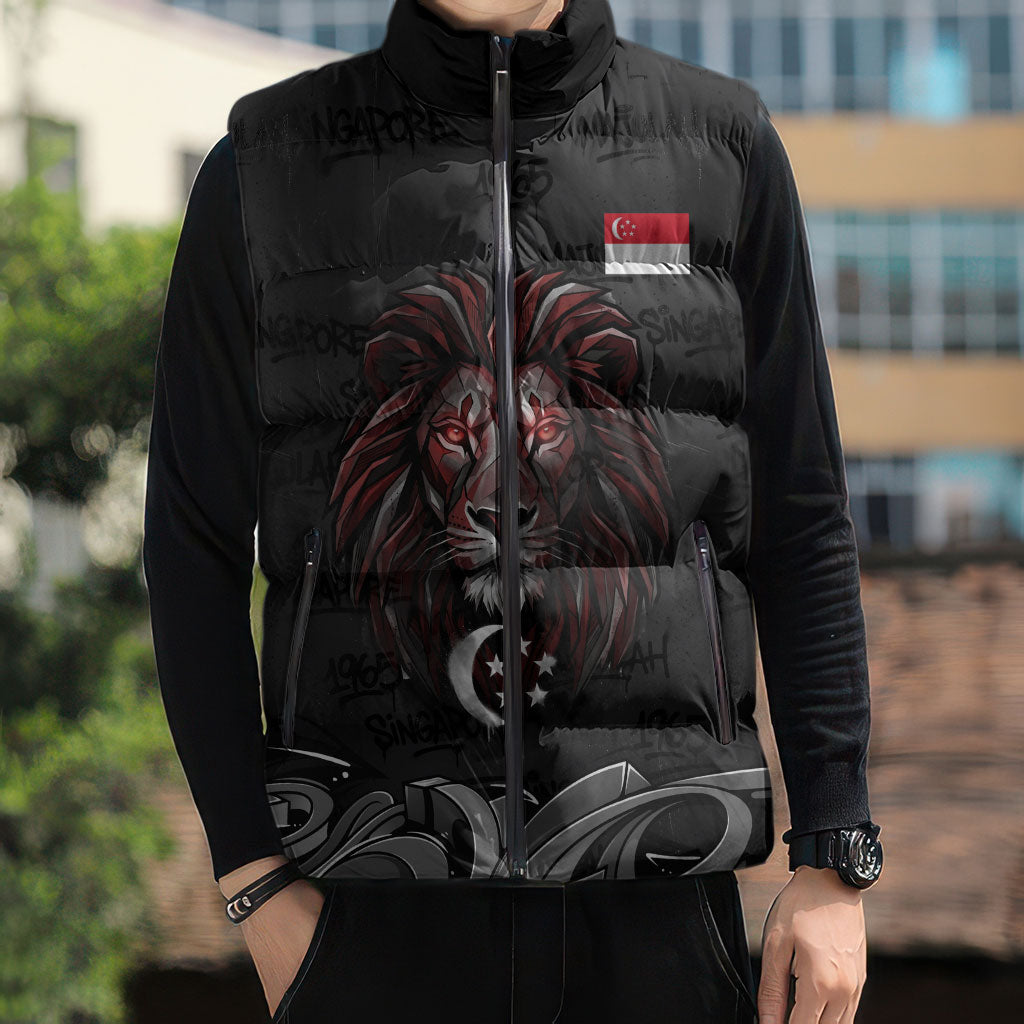 Singapore National Flag Day Sleeveless Puffer Jacket Lion Tiger Coat Of Arms Grunge Graffiti