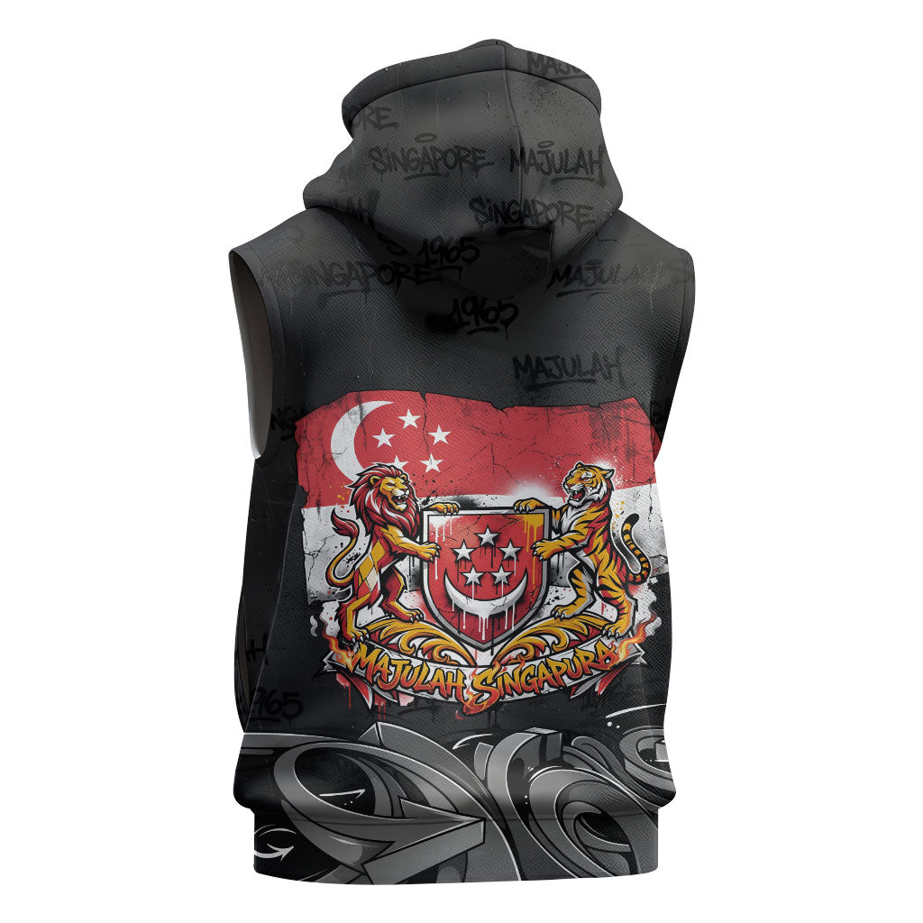Singapore National Flag Day Sleeveless Zip Hoodie Lion Tiger Coat Of Arms Grunge Graffiti