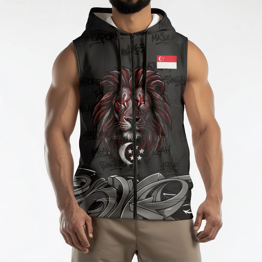 Singapore National Flag Day Sleeveless Zip Hoodie Lion Tiger Coat Of Arms Grunge Graffiti