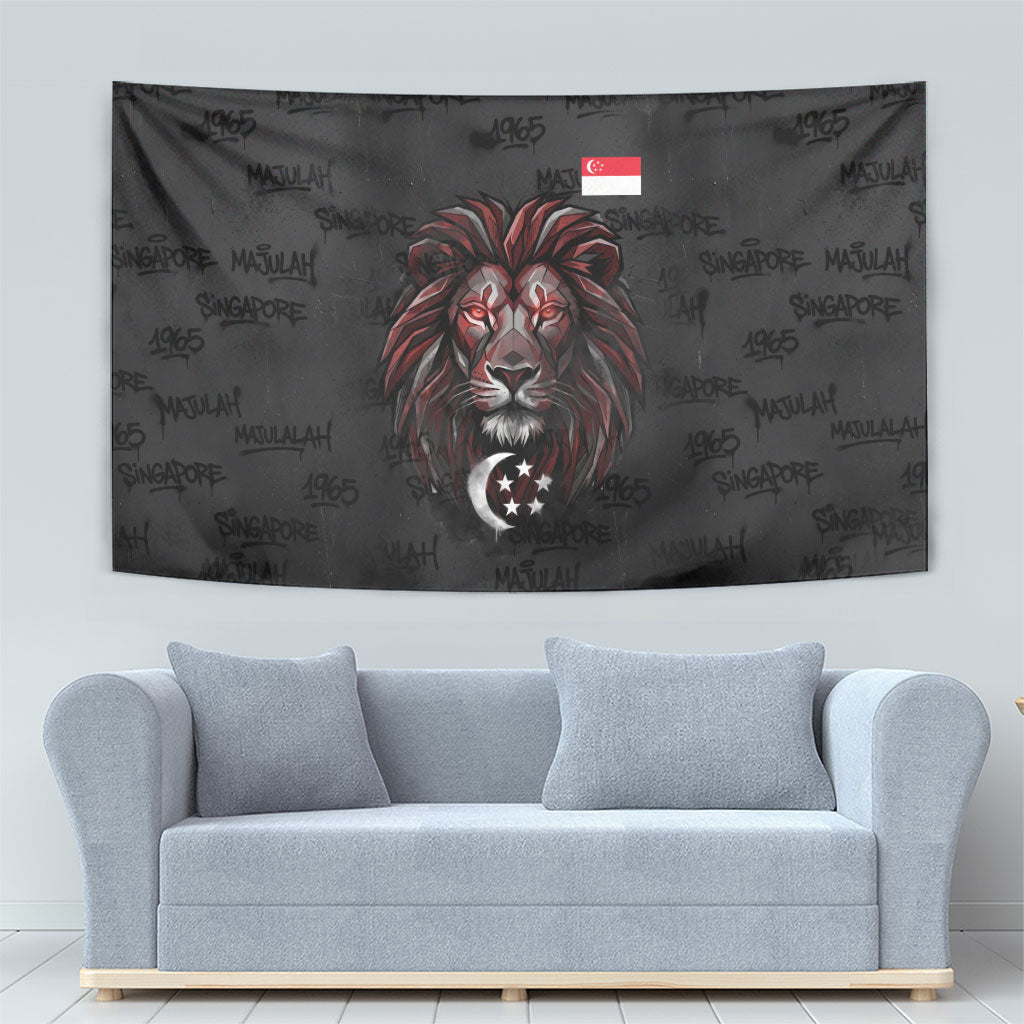 Singapore National Flag Day Tapestry Lion Tiger Coat Of Arms Grunge Graffiti