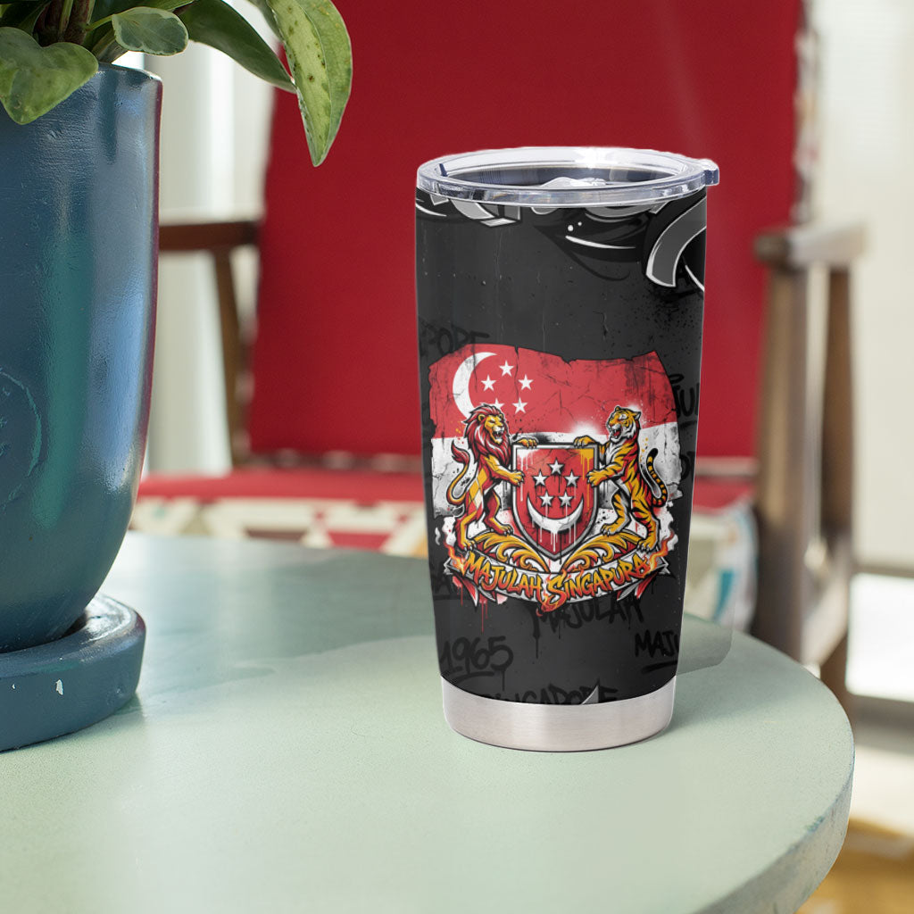 Singapore National Flag Day Tumbler Cup Lion Tiger Coat Of Arms Grunge Graffiti