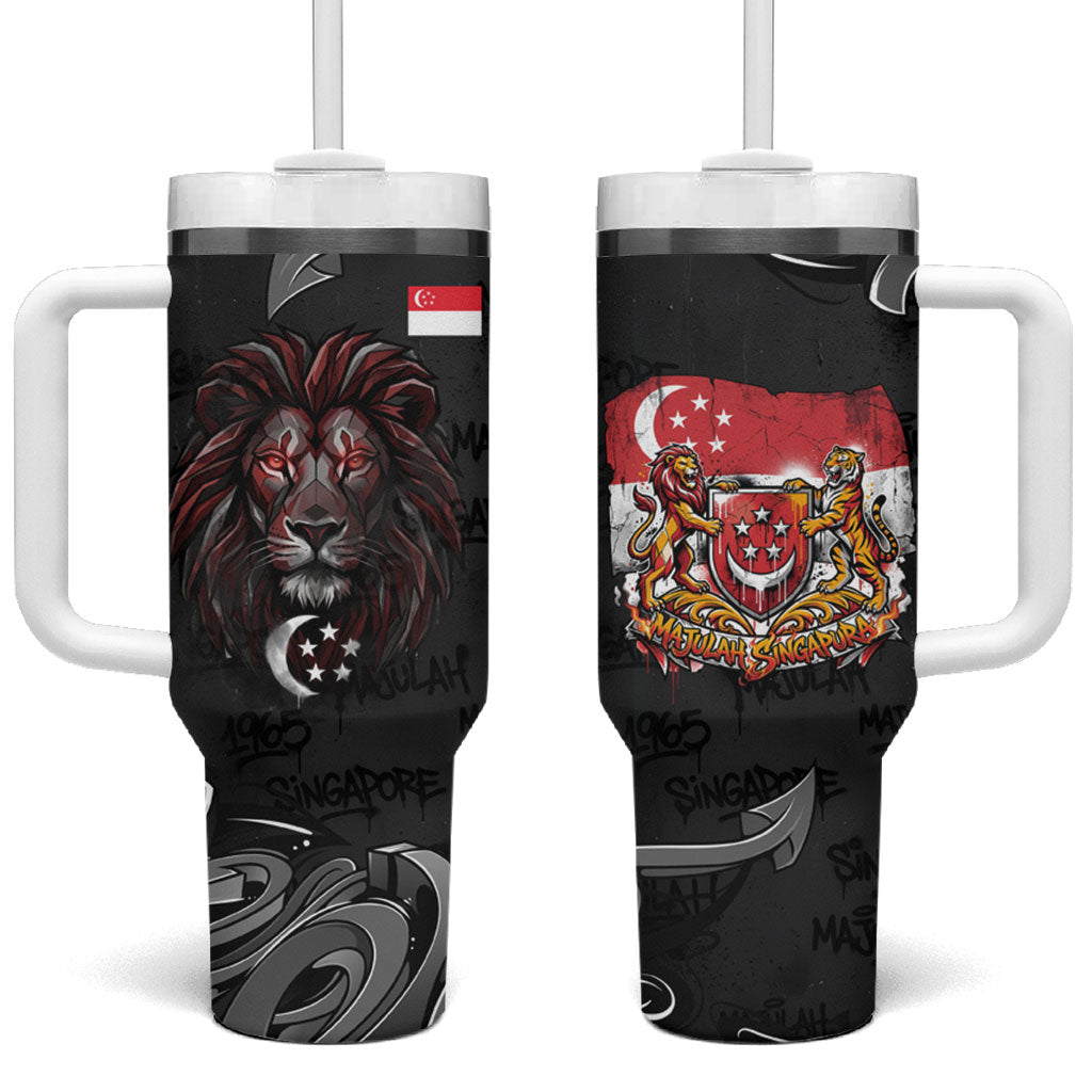 Singapore National Flag Day Tumbler With Handle Lion Tiger Coat Of Arms Grunge Graffiti