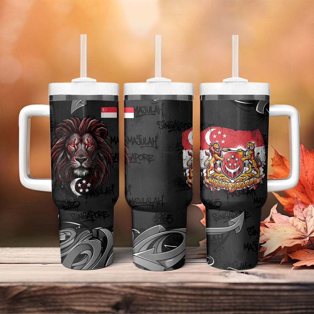 Singapore National Flag Day Tumbler With Handle Lion Tiger Coat Of Arms Grunge Graffiti
